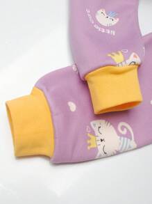 Tween 女童卡通猫印花加厚家居服套装，女童秋冬季保暖睡衣内衣 - 紫色 - 查看 8