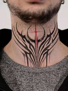 1 Sheets Big Size Body Art Temporary Tattoo Stickers For Women Or Men, Black Old School Style Neck Totem Pattern, Waterproof Fake Tattoo, Lasts 2-5 Days, Covering Scars, Can Be Used On Arms Wrist Shoulders Legs Waist Neck Hand Chest Thighs Finger Ankle, Suitable For Parties, Gifts, Vacations, Body Decoration