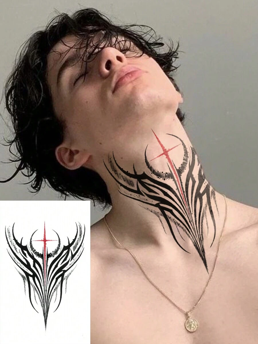 1 Sheets Big Size Body Art Temporary Tattoo Stickers For Women Or Men, Black Old School Style Neck Totem Pattern, Waterproof Fake Tattoo, Lasts 2-5 Days, Covering Scars, Can Be Used On Arms Wrist Shoulders Legs Waist Neck Hand Chest Thighs Finger Ankle, Suitable For Parties, Gifts, Vacations, Body Decoration