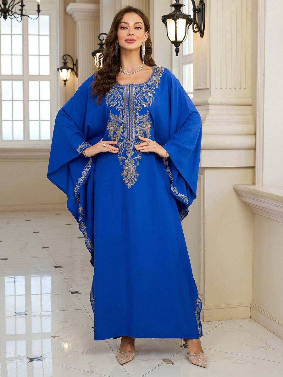 Blue Embroidered Arabic Round Neck Dress Casual Loose Moroccan Kaftan Dresses - Màu xanh lam - Xem 1