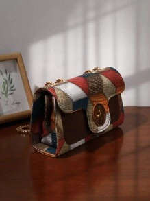 Bolsa de Ombro Feminina de Moda Retrô, Bolsa Transversal Elegante de Corrente, Bolsa Compacta para Celular de Textura de Couro de Lichia