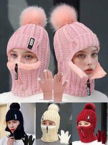 1 pieza Conjunto de gorro de punto y guantes de punto con protección de oreja, unisex, de moda casual y cálido para otoño/invierno, adecuado para uso diario, viajes al aire libre, senderismo, esquí, ciclismo, escalada, decoración de otoño