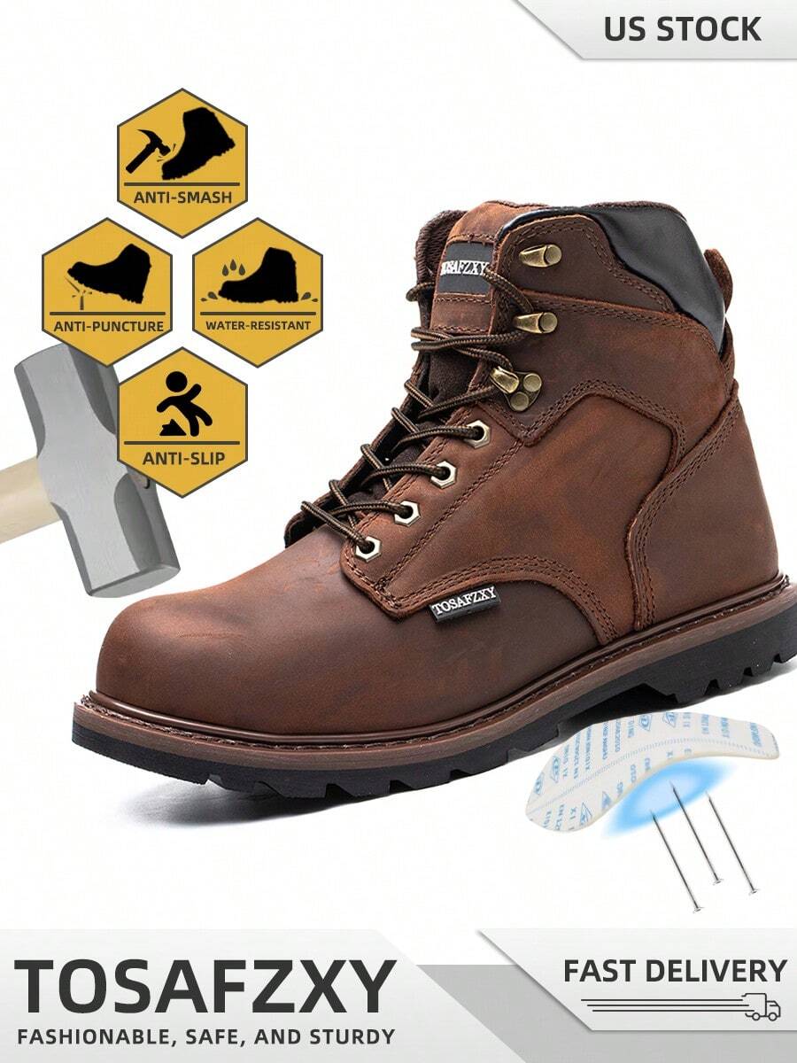 TOSAFZXY Men's Safety Shoes, Anti Smash Steel Toe Safety Boots, Men's Work Boots, Mid Ankle Leather Outdoor Combat Boots, Slip Resistant Hiking Boots - 棕色 - 查看 1