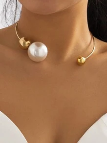 1 件装大珍珠项链，配金属项圈，Y2K 不对称几何圆珠项链，复古朋克酷女孩锁骨链，节日派对珠宝礼物 - 珍珠項圈 - 查看 13