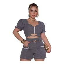 Tailored Set With Braided Crop Top With Tie At The Back, Puffy Princess Sleeves And Shorts With Zipper Closure - màu đen - Xem 2