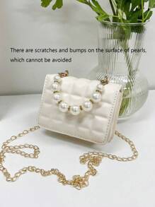 1 件迷你压花格子 PU 翻盖简约百搭珍珠手提包和单肩包，适合日常使用 - 米色 - 查看 2