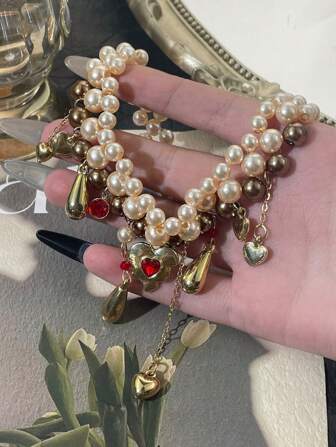 1 件时尚个性化心形流苏仿珍珠项链，多层锁骨链适合女性日常佩戴