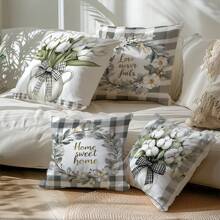4pcs 17.7"X17.7" (45x45cm) Simple Plaid & Floral Print Cushion Covers (Single-Sided Printing), Suitable For Home Decor, Sofa, Bedroom, Car Pillow Covers (Inner Pillow Not Included)