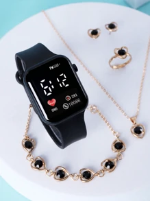 Fashionable 6 Pieces Rhinestone Jewelry Set, Women Pink PVC Strap Stylish Square Dial Digital Watch And Heart Rhinestone Jewelry Necklace/Suitable For Daily Wear, Valentine's Day Gift