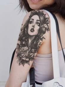 1 件黑色花卉图案袖纹身贴纸，欧美风格半袖花朵长发女性临时纹身，适用于手臂腿部胸部腹部 - 黑色 - 查看 2