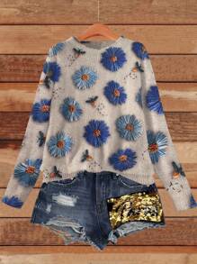 Women's Lightweight All-Over Floral Print Sweater - 3D Daisy Pattern, Casual Crew Neck Long Sleeve Top, Suitable For All Seasons, Cute Design, Comfortable Clothing