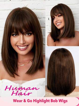 真人发直发鲍勃假发，透气刘海 - 150% 密度，雷米真人发无胶假发，无蕾丝，高光颜色，适合所有女性