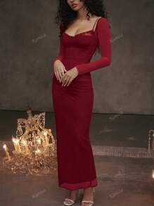 Vestido Longo de Festa Sexy Feminino de Manga Longa com Renda e Contraste em Tela, com Costas Abertas e Ajustado, com Fenda, para Festa, Coquetel, Baile de Formatura, Aniversário, Dia dos Namorados, Casamento, Formatura, Jantar, Homecoming