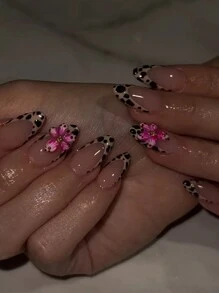 24pcs Short Almond Shape Press On Nails Set Acrylic Nails Nude French Leopard Print Flowers Fake Nails Nails Manicure Set Detachable Full Cover Long Lasting Includes 1sheet Adhesive Tabs & 1pc Mini File Perfect For Everyday Wear