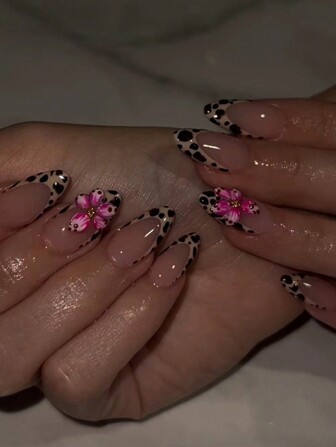 24Pcs Short Almond Shape Press On Nails Set Acrylic Nails Nude French Leopard Print Flowers Fake Nails Nails Manicure Set Detachable Full Cover Long Lasting Includes 1Sheet Adhesive Tabs & 1Pc Mini File Perfect For Everyday Wear Nail Supplies Nails