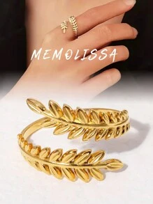 1 件优雅小麦设计不锈钢可调节开口戒指，女士时尚戒指，适合婚礼、派对、日常佩戴 - 彩色 - 查看 1