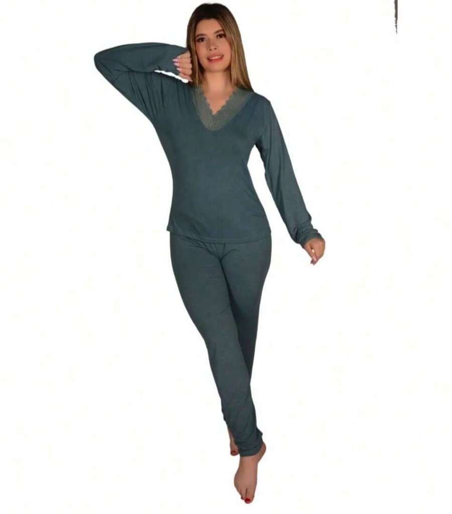 Women's Long Suede Winter Pajamas: Elegance With Lace V-Neck - màu xanh lá - Xem 1