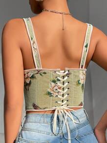 1pc Floral Print Fashionable Cami Backless Butterfly Lace-Up Cropped Corset Top, Elegant Design