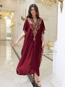 Modest Burgundy Red Embroidered Arabesque Stand Collar Dress Loose Casual Moroccan Kaftan Dresses