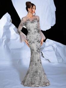 Elegant Formal Ball Gown Long Dress, Fitted Trumpet Sleeve For Women, Party Dress, Wedding Guest Dress, Evening Dress - Grey - View 6