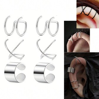 6Pcs Stainless Steel Simple Criss Crossed Double Lines Clip-On Earrings, Non-Pierced Minimalist Fake Spiral Ear Cuffs Earrings, Exquisite Jewelry Gift For Men Women Friends