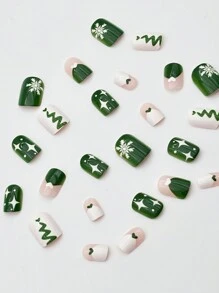 Bộ 24 móng tay nghệ thuật hình cây thông Noel xanh lá cây Giáng sinh Bông tuyết tình yêu Bộ móng tay vuông ngắn, + 1 gel thạch + 1 dũa móng tay Trang trí móng tay và làm nổi bật thiết kế thanh lịch, tinh tế của bạn, Có thể tái sử dụng, Thích hợp cho cuộc sống hàng ngày và tiệc tùng của phụ nữ, Thích hợp làm quà tặng cho phụ nữ - Nhiều màu - Xem 5