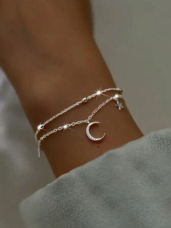  1 件女士奢华 S925 纯银双层星星和月亮手链，闪亮珠饰，优雅百搭的礼物