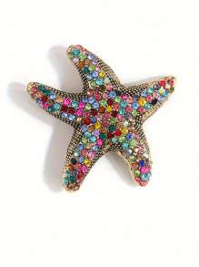1pc Vintage Boho Style Colorful Rhinestone Starfish Fashion Brooch Pin, Versatile & Great Gift For Women