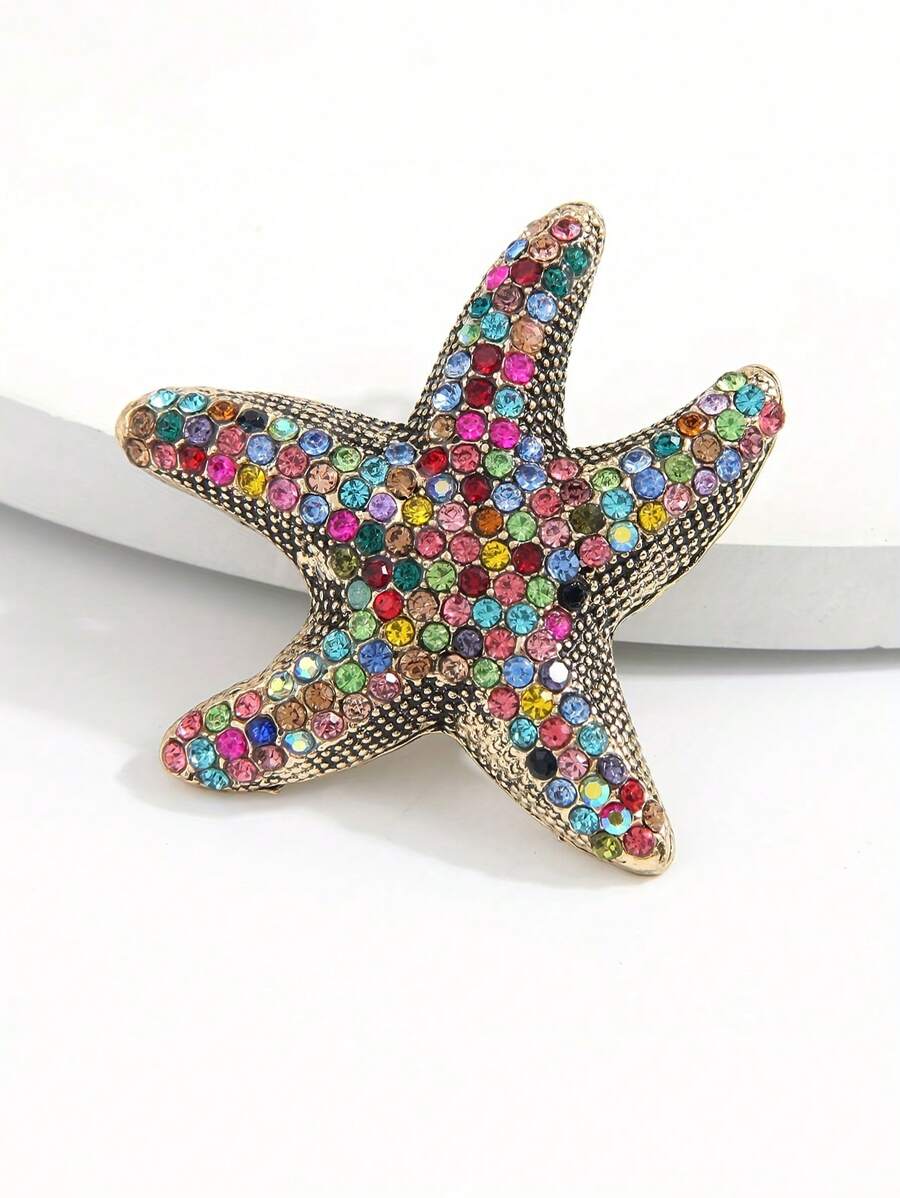 1pc Vintage Boho Style Colorful Rhinestone Starfish Fashion Brooch Pin, Versatile & Great Gift For Women