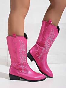 Bốt cao bồi nữ mùa thu/đông, kiểu dáng miền Tây, cổ chữ V, gót dày, cổ cao thêu, cổ điển, đa năng và thoải mái, bốt cao cổ phong cách châu Âu và Mỹ, màu đỏ hồng - Màu Hồng Tươi - Xem 7