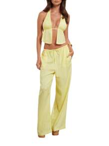 Women Summer Pants Outfits Stripe Tie-Up Halter Neck Backless Sleeveless Tank Tops Wide-Leg Pants 2 Pieces Clothes Set - Màu vàng - Xem 1