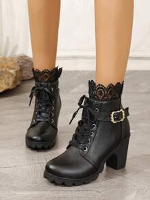 Botines de plataforma con cordones, de suela gruesa, impermeable y tacón ancho para mujer, Otoño/Invierno 2024