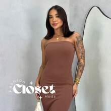 Strapless Midi Dress In Ruffles - 鏽棕色 - 查看 3