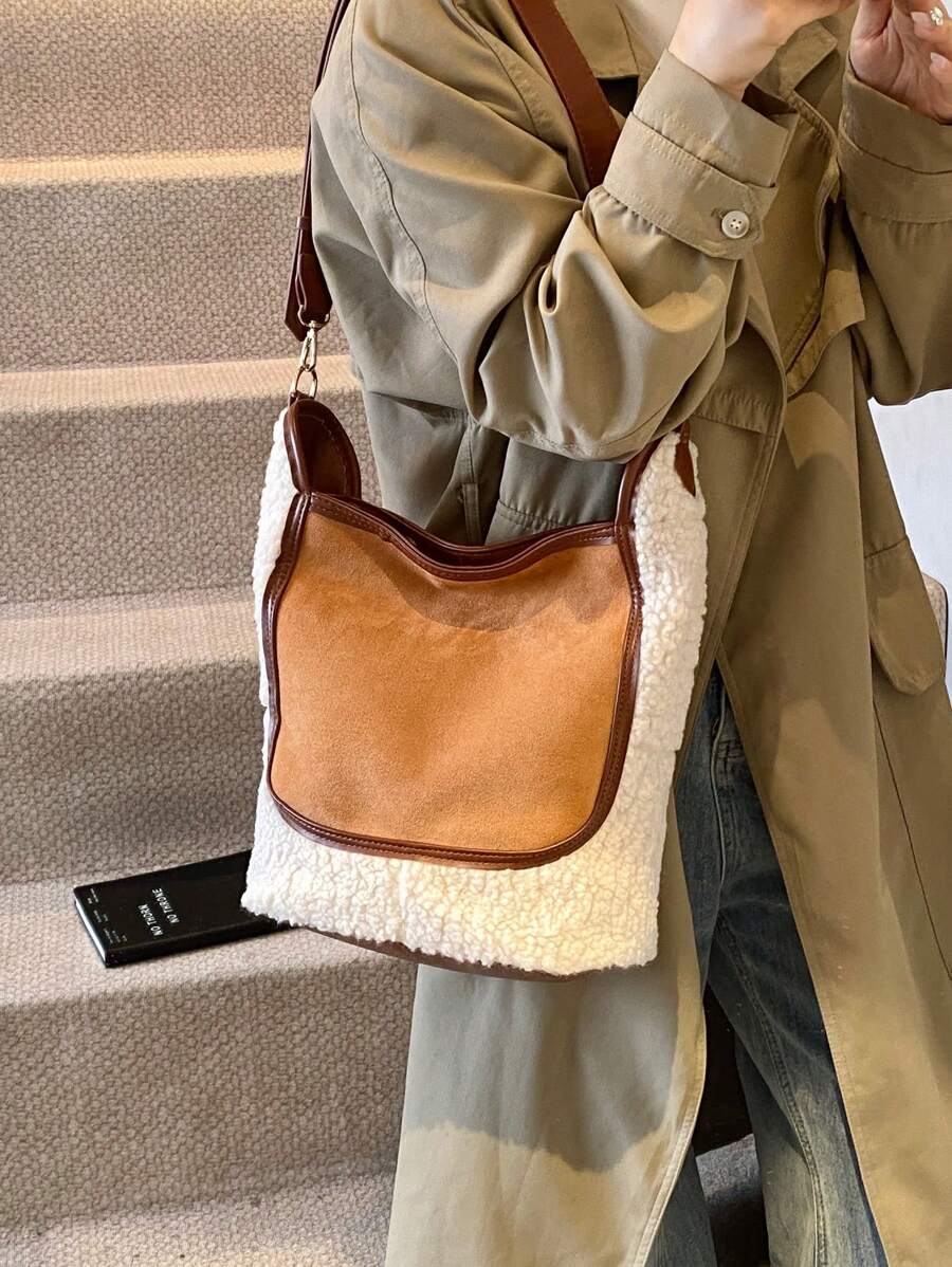 毛绒材质拼色大容量水桶包，女士百搭休闲斜挎包 - 棕色 - 查看 1