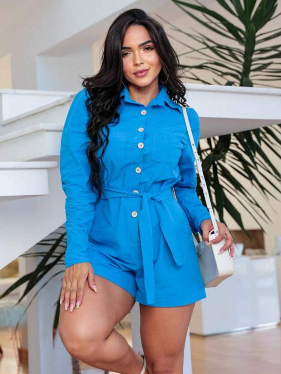 MOSCOW COTTON LINEN OVERALL WITH BUTTON AND TIE AT THE WAIST - 藍色 - 查看 1