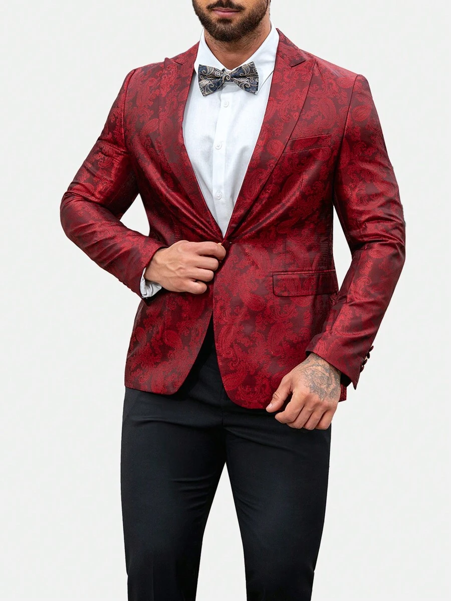 CLOUDSTYLE Men's Burgundy Jacquard Lapel Neck Party/Performance Suit Jacket, Spring/Autumn - Burgundy - View 1
