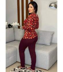 Women's Winter Long Sleeve Suede Pajamas: Warm And Comfortable Print - 玫紅色 - 查看 3