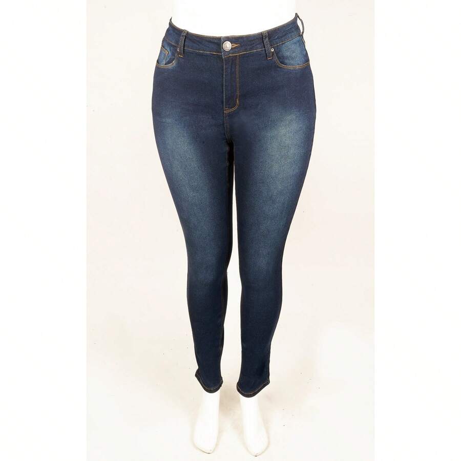 Women's Plus Size Skinny Jeans - 深色水洗藍 - 查看 1