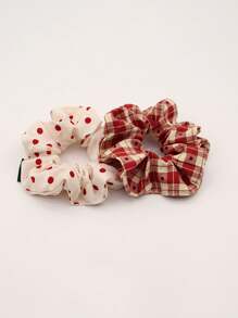 1 件复古红色格子奶油色波尔卡圆点发圈，优雅时尚发饰，适合秋冬季 - 彩色 - 查看 4