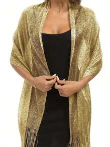 1pc Shiny Gold Thread Flat Scarf With Buckle, Perfect For Brides, Proms, Graduation Parties As Shawl Or Wrap Party