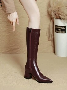 Women's Solid Color Stitching Decor Side Zipper Knee-High Boots, High Heel Pointed Toe Thick Heel Fashion Autumn/Winter Boots Available In Black, Burgundy, - Burgundy - View 4