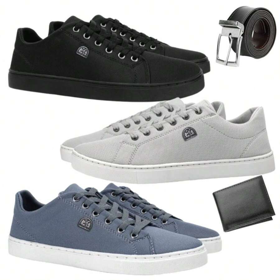 Kit 3 Men's Casual Everyday Sneakers CHEAP + Wallet And Belt - 灰色 - 查看 1