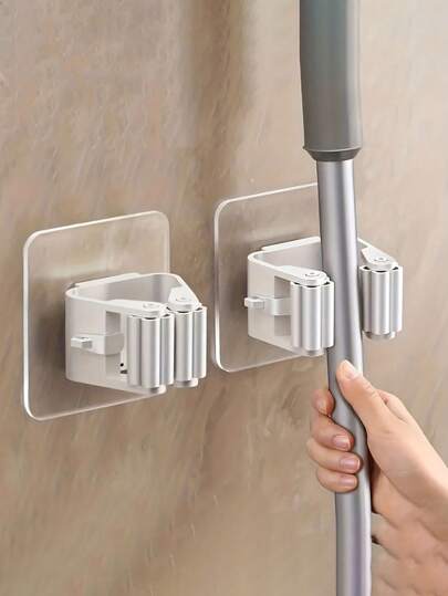 1/3/5pcs No Drill Mop Holder, Self-Adhesive Broom Rack, Multipurpose Bathroom Sticky Hook, Broom Clip