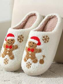 Women's Christmas Snowflake Gingerbread Man Plush Slippers, Indoor Anti-Slip Comfortable Durable Fluffy Slippers For Autumn/Winter - White - View 1