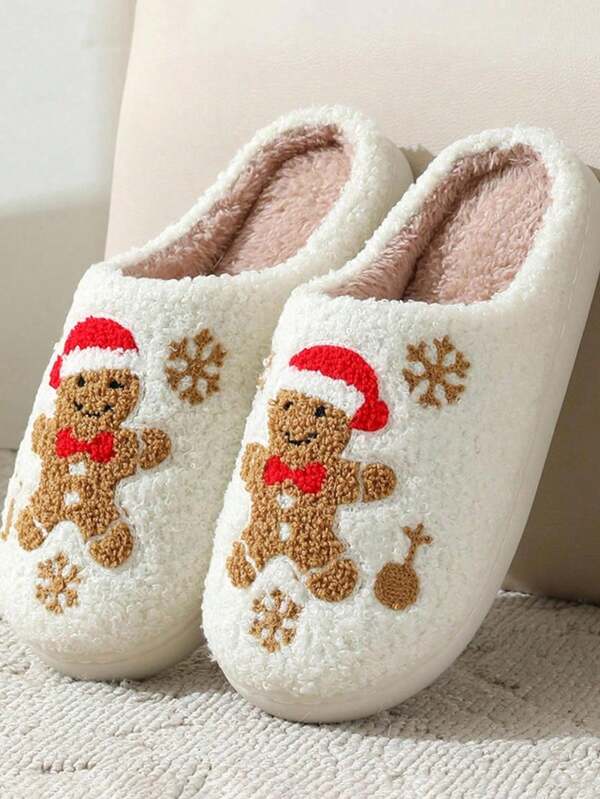 Women's Christmas Snowflake Gingerbread Man Plush Slippers, Indoor Anti-Slip Comfortable Durable Fluffy Slippers For Autumn/Winter