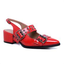 Women's Pointed Toe Slingback Pumps Shoes With Metal Buckles And Eyelets Low Heel Elegance And Comfort - 紅色 - 查看 2