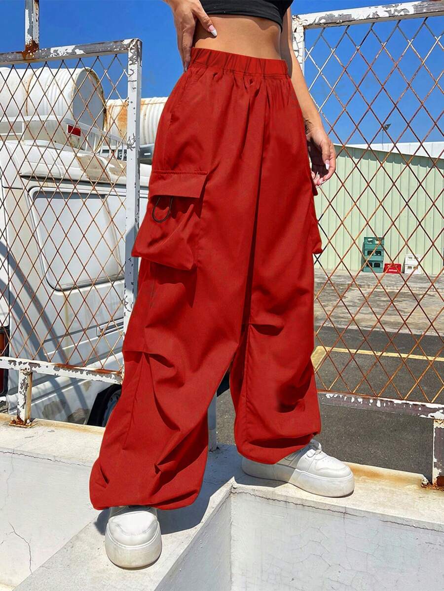 1pc Teen Girl Loose Flap Pocket Drawstring Side Outdoor Cargo Pants, Suitable For Spring/Summer/Autumn/Winter - Red - View 1