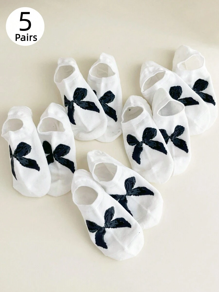 5 双女士隐形袜子，蝴蝶结个性流行短袜，白色袜子 - 白色 - 查看 1
