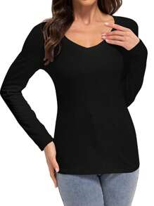 OUTBALL Long Sleeve Shirts For Women V Neck Basics Tops Lightweight Base Layer Slim Fit Top Undershirts - 黑色 - 查看 1