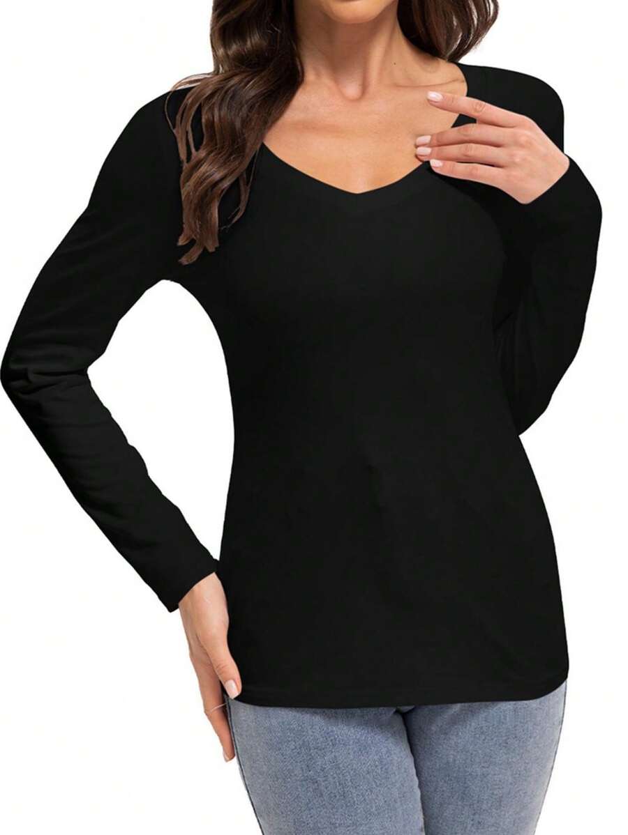OUTBALL Long Sleeve Shirts For Women V Neck Basics Tops Lightweight Base Layer Slim Fit Top Undershirts - 黑色 - 查看 1